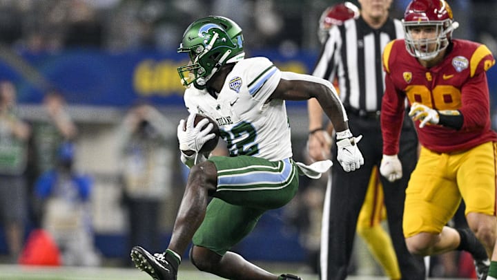 Jan 2, 2023; Arlington, Texas, USA; Tulane Green Wave running back Tyjae Spears (22) in action