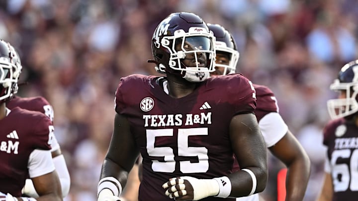Sep 21, 2024; College Station, Texas, USA; Texas A&M Aggies defensive lineman Dealyn Evans (55) takes the field during the first quarter against the Bowling Green Falcons at Kyle Field. Mandatory Credit: Maria Lysaker-Imagn Images. 