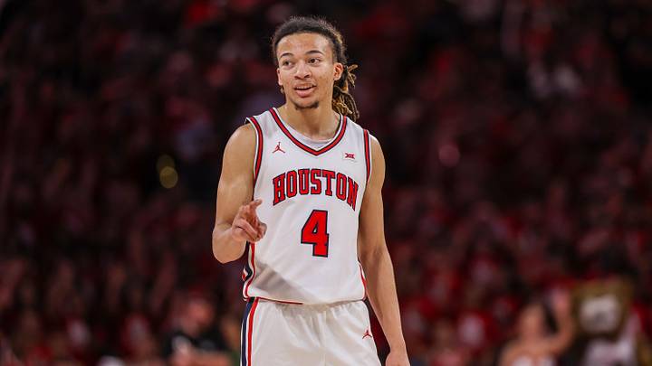 Mar 4, 2026; Houston, Texas, USA; Houston Cougars guard Kingston Flemings (4) reacts while playing against the Baylor Bears in the second half at Fertitta Center. Mar 4, 2026; Houston, Texas, USA; Houston Cougars guard Kingston Flemings (4) reacts while playing against the Baylor Bears in the second half at Fertitta Center.
