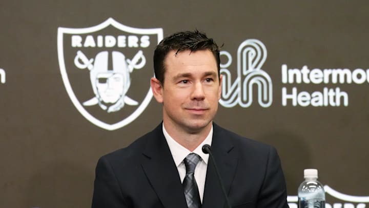 Feb 10, 2026; Henderson, NV, USA; Las Vegas Raiders coach Klint Kubiak speaks at introductory press conference at Intermountain Health Performance Center. Mandatory Credit: Kirby Lee-Imagn Images Feb 10, 2026; Henderson, NV, USA; Las Vegas Raiders coach Klint Kubiak speaks at introductory press conference at Intermountain Health Performance Center. Mandatory Credit: Kirby Lee-Imagn Images