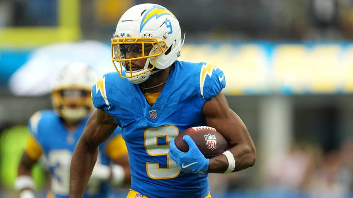 Sep 20, 2026; Inglewood, California, USA;  Los Angeles Chargers wide receiver Tre' Harris (9) runs after a catch against the Las Vegas Raiders during the second half at SoFi Stadium.  Mandatory Credit: Kirby Lee-Imagn Images