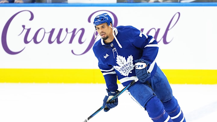 Oct 19, 2024; Toronto, Ontario, CAN; Toronto Maple Leafs right wing Ryan Reaves (75) skates during the warmup before a game against the New York Rangers at Scotiabank Arena. Mandatory Credit: Nick Turchiaro-Imagn Images