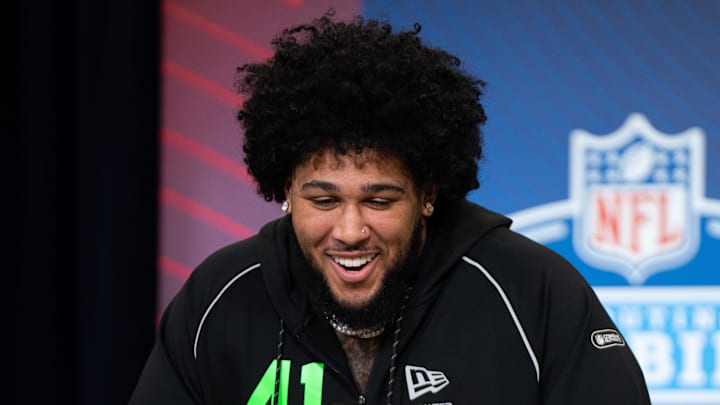 Feb 28, 2026; Indianapolis, IN, USA; Alabama offensive lineman Kadyn Proctor (OL41) speaks to members of the media during the NFL Combine at the Indiana Convention Center. Mandatory Credit: Jacob Musselman-Imagn Images