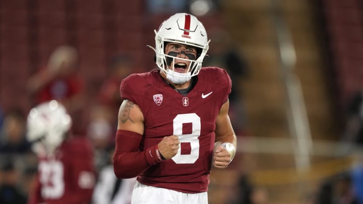 Oct 21, 2023; Stanford, California, USA; Stanford Cardinal quarterback Justin Lamson (8) reacts on the field before the game against the UCLA Bruins at Stanford Stadium. Mandatory Credit: Darren Yamashita-USA TODAY Sports Oct 21, 2023; Stanford, California, USA; Stanford Cardinal quarterback Justin Lamson (8) reacts on the field before the game against the UCLA Bruins at Stanford Stadium. Mandatory Credit: Darren Yamashita-USA TODAY Sports