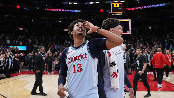 Mar 8, 2025; Toronto, Ontario, CAN; Washington Wizards guard Jordan Poole (13) looks up at the video board at the end of the fourth quarter against the Toronto Raptors at Scotiabank Arena. Mandatory Credit: Nick Turchiaro-Imagn Images