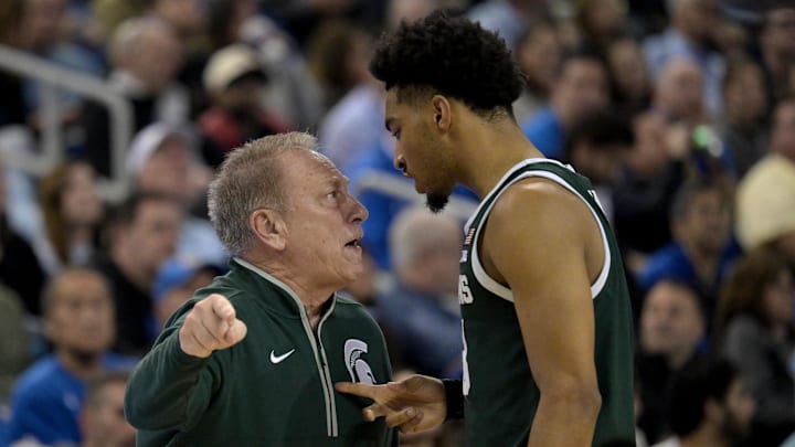 Feb 4, 2025; Los Angeles, California, USA; Michigan State Spartans head coach Tom Izzo has words with guard Jaden Akins (3) in the second half against against the UCLA Bruins at Pauley Pavilion presented by Wescom. Mandatory Credit: Jayne Kamin-Oncea-Imagn Images Feb 4, 2025; Los Angeles, California, USA; Michigan State Spartans head coach Tom Izzo has words with guard Jaden Akins (3) in the second half against against the UCLA Bruins at Pauley Pavilion presented by Wescom. Mandatory Credit: Jayne Kamin-Oncea-Imagn Images