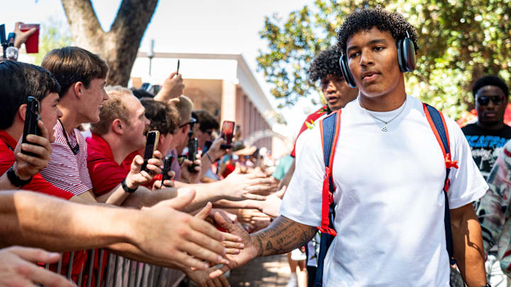 Ole Miss quarterback Trinidad Chambliss (6) participates in the Walk of Champions before a college football game between Ole Miss and LSU at Vaught-Hemingway Stadium in Oxford, Miss., on Saturday, Sept. 27, 2025.