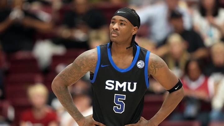 Feb 28, 2026; Stanford, California, USA; Southern Methodist University Mustangs guard Jaron Pierre Jr. (5) during the second half against the Stanford Cardinal at Maples Pavilion. Mandatory Credit: Darren Yamashita-Imagn Images