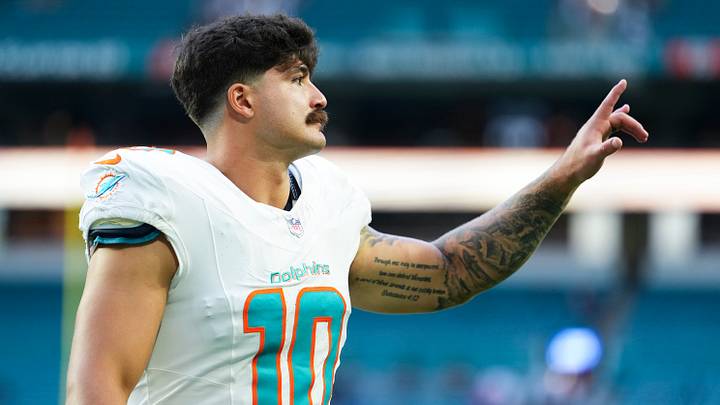 Miami Dolphins linebacker Jacob Rodriguez (10) leaves the field at the end of a preseason game against the New York Giants at Hard Rock Stadium. Miami Dolphins linebacker Jacob Rodriguez (10) leaves the field at the end of a preseason game against the New York Giants at Hard Rock Stadium.