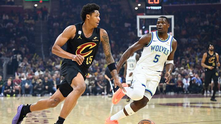 Oct 26, 2026; Cleveland, Ohio, USA; Cleveland Cavaliers guard Meleek Thomas (15) dribbles beside Minnesota Timberwolves guard Anthony Edwards (5) in the first quarter at Rocket Arena. Mandatory Credit: David Richard-Imagn Images Oct 26, 2026; Cleveland, Ohio, USA; Cleveland Cavaliers guard Meleek Thomas (15) dribbles beside Minnesota Timberwolves guard Anthony Edwards (5) in the first quarter at Rocket Arena. Mandatory Credit: David Richard-Imagn Images