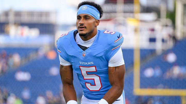 Aug 23, 2026; Nashville, Tennessee, USA;  Tennessee Titans wide receiver Elic Ayomanor (5) during warmup period against the Seattle Seahawks at Nissan Stadium. Mandatory Credit: Steve Roberts-Imagn Images