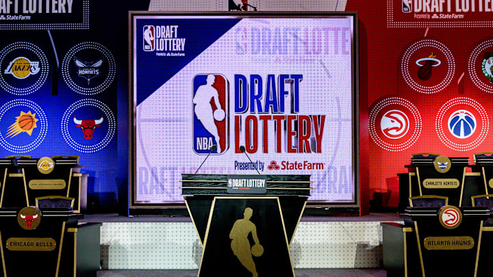 May 14, 2019; Chicago, IL, USA; A general view of the stage prior to the 2019 NBA Draft Lottery at the Hilton Chicago. Mandatory Credit: Patrick Gorski-Imagn Images