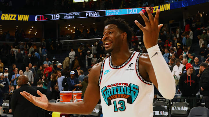 Jan 30, 2025; Memphis, Tennessee, USA; Memphis Grizzlies forward Jaren Jackson Jr. (13) reacts after defeating the Houston Rockets at FedExForum. Mandatory Credit: Petre Thomas-Imagn Images Jan 30, 2025; Memphis, Tennessee, USA; Memphis Grizzlies forward Jaren Jackson Jr. (13) reacts after defeating the Houston Rockets at FedExForum. Mandatory Credit: Petre Thomas-Imagn Images