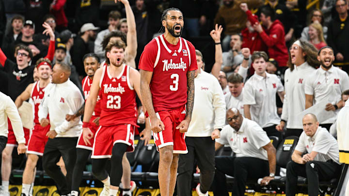 Jan 7, 2025; Iowa City, Iowa, USA; Nebraska Cornhuskers guard Brice Williams (3) reacts after tying the game at the end of regulation against the Iowa Hawkeyes at Carver-Hawkeye Arena.