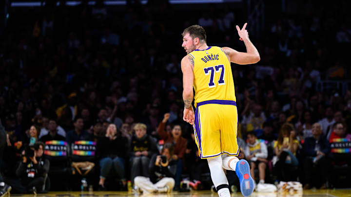 Oct 17, 2025; Los Angeles, California, USA; Los Angeles Lakers guard Luka Doncic (77) gestures after scoring during the second half against the Sacramento Kings at Crypto.com Arena. Mandatory Credit: William Liang-Imagn Images Oct 17, 2025; Los Angeles, California, USA; Los Angeles Lakers guard Luka Doncic (77) gestures after scoring during the second half against the Sacramento Kings at Crypto.com Arena. Mandatory Credit: William Liang-Imagn Images