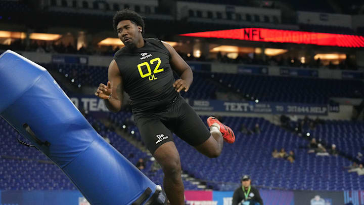 Feb 27, 2025; Indianapolis, IN, USA; Toledo defensive lineman Darius Alexander (DL02) participates in drills during the 2025 NFL Combine at Lucas Oil Stadium. Mandatory Credit: Kirby Lee-Imagn Images Feb 27, 2025; Indianapolis, IN, USA; Toledo defensive lineman Darius Alexander (DL02) participates in drills during the 2025 NFL Combine at Lucas Oil Stadium. Mandatory Credit: Kirby Lee-Imagn Images