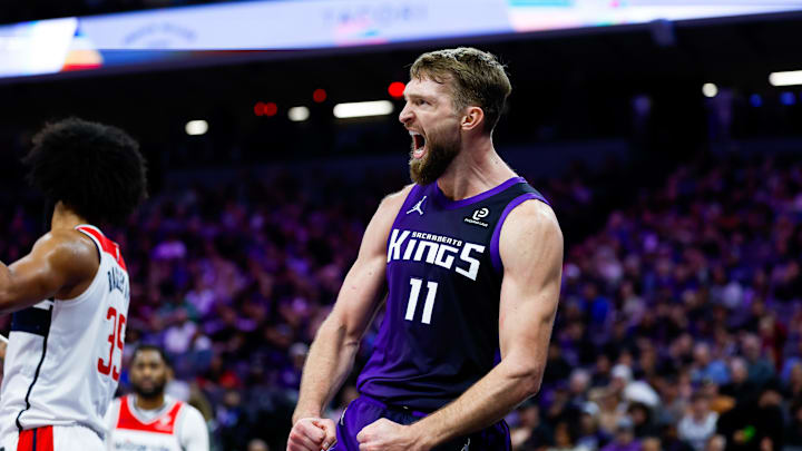 Jan 16, 2026; Sacramento, California, USA; Sacramento Kings forward Domantas Sabonis (11) reacts after a play during the fourth quarter against the Washington Wizards at Golden 1 Center. Mandatory Credit: Sergio Estrada-Imagn Images