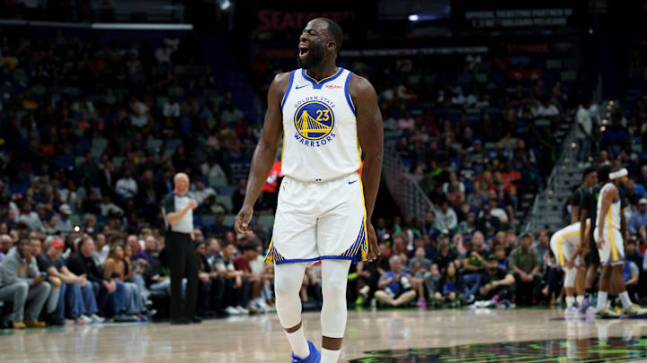 Nov 16, 2025; New Orleans, Louisiana, USA; Golden State Warriors forward Draymond Green (23) shouts “Angel Reese” after missing several shots in a row and rebounding them himself during the first half against the New Orleans Pelicans at Smoothie King Center. Mandatory Credit: Matthew Hinton-Imagn Images