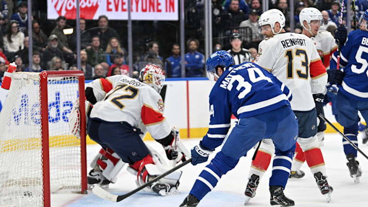 Apr 1, 2024; Toronto, Ontario, CAN; Toronto Maple Leafs forward Auston Matthews (34) scores a goal