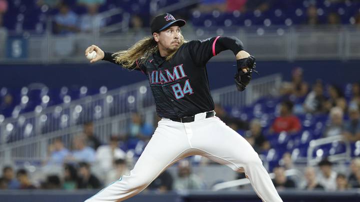 Jun 19, 2026; Miami, Florida, USA;  Miami Marlins starting pitcher Lake Bachar (84) throws against the San Francisco Giants during the first inning at loanDepot Park. Mandatory Credit: Rhona Wise-Imagn Images