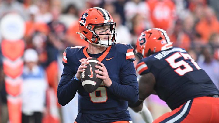 Sep 7, 2024; Syracuse, New York, USA; Syracuse Orange quarterback Kyle McCord (6) looks to throw a pass in the third quarter against the Georgia Tech Yellow Jackets at the JMA Wireless Dome. Mandatory Credit: Mark Konezny-Imagn Images