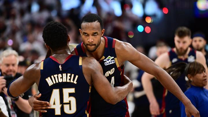 May 9, 2026; Cleveland, Ohio, USA; Cleveland Cavaliers guard Donovan Mitchell (45) hugs center Evan Mobley (4) after game three against the Detroit Pistons in the second round of the 2026 NBA Playoffs at Rocket Arena. Mandatory Credit: Ken Blaze-Imagn Images May 9, 2026; Cleveland, Ohio, USA; Cleveland Cavaliers guard Donovan Mitchell (45) hugs center Evan Mobley (4) after game three against the Detroit Pistons in the second round of the 2026 NBA Playoffs at Rocket Arena. Mandatory Credit: Ken Blaze-Imagn Images