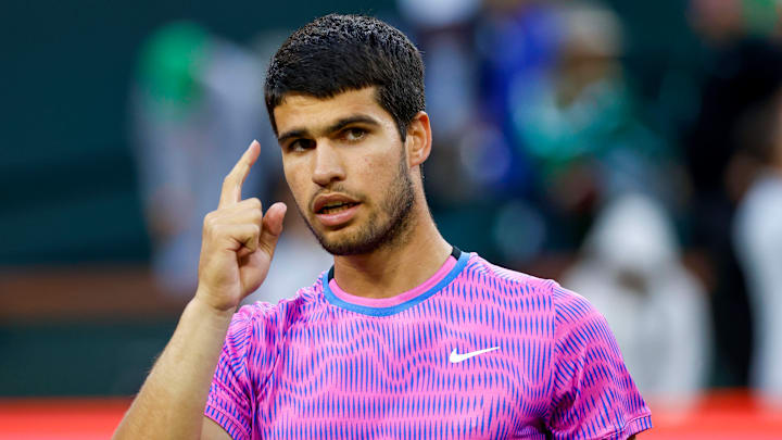 March 16, 2024 Carlos Alcaraz of Spain celebrates after defeating Jannik Sinner of Italy in the Semifinal match at the BNP Paribas Open in Indian Wells, CA. 