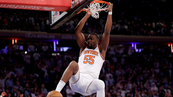 May 29, 2025; New York, New York, USA; New York Knicks center Ariel Hukporti (55) dunks against the Indiana Pacers in the fourth quarter during game five of the eastern conference finals for the 2025 NBA Playoffs at Madison Square Garden. Mandatory Credit: Vincent Carchietta-Imagn Images