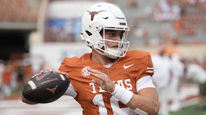 Sep 6, 2025; Austin, Texas, USA; Texas Longhorns quarterback Arch Manning (16) warms up before the game against San Jose State Spartans at Darrell K Royal-Texas Memorial Stadium. Mandatory Credit: Scott Wachter-Imagn Images