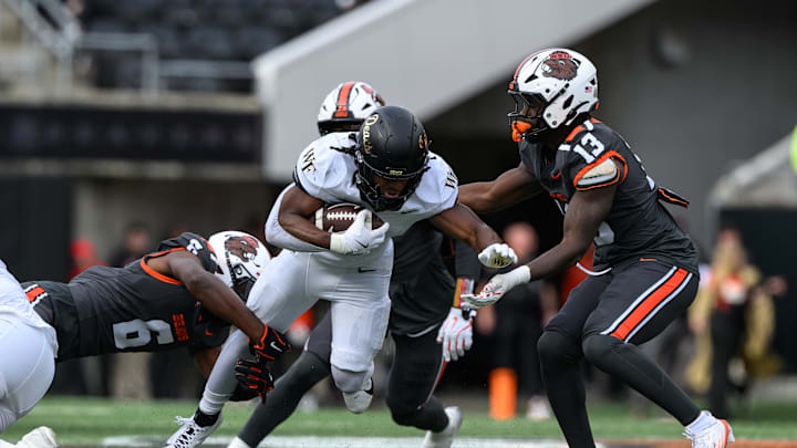 Oct 11, 2025; Corvallis, Oregon, USA; Wake Forest Demon Deacons running back Demond Claiborne (1) runs the ball during the second half against the Oregon State Beavers at Reser Stadium. Mandatory Credit: Craig Strobeck-Imagn Images Oct 11, 2025; Corvallis, Oregon, USA; Wake Forest Demon Deacons running back Demond Claiborne (1) runs the ball during the second half against the Oregon State Beavers at Reser Stadium. Mandatory Credit: Craig Strobeck-Imagn Images