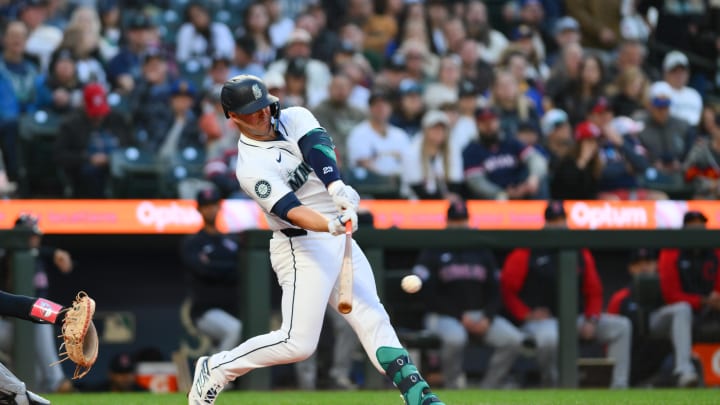 Apr 1, 2024; Seattle, Washington, USA; Seattle Mariners first baseman Ty France (23) hits an RBI Apr 1, 2024; Seattle, Washington, USA; Seattle Mariners first baseman Ty France (23) hits an RBI