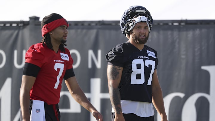Jul 24, 2025; Houston, TX, USA; Houston Texans tight end Cade Stover (87) during training camp at Houston Methodist Training Center. Mandatory Credit: Troy Taormina-Imagn Images