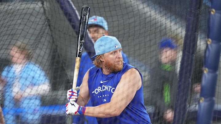 Apr 12, 2024; Toronto, Ontario, CAN; Toronto Blue Jays third baseman Justin Turner (2) takes 