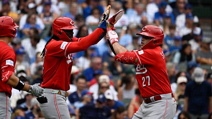 Aug 29, 2026; Chicago, Illinois, USA; Cincinnati Reds first baseman Sal Stewart (27) high fives shortstop Elly de la Cruz (44) after they score on his two-run home run during the third inning against the Chicago Cubs at Wrigley Field. Mandatory Credit: Matt Marton-Imagn Images Aug 29, 2026; Chicago, Illinois, USA; Cincinnati Reds first baseman Sal Stewart (27) high fives shortstop Elly de la Cruz (44) after they score on his two-run home run during the third inning against the Chicago Cubs at Wrigley Field. Mandatory Credit: Matt Marton-Imagn Images