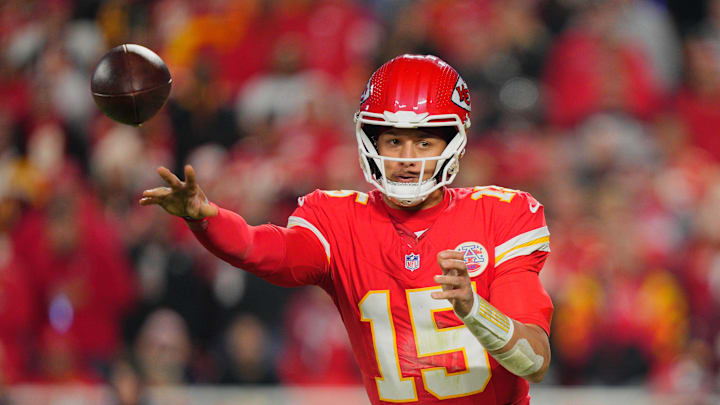 Kansas City Chiefs quarterback Patrick Mahomes (15) passes the ball against the Washington Commanders during the third quarter of the game at GEHA Field at Arrowhead Stadium. Kansas City Chiefs quarterback Patrick Mahomes (15) passes the ball against the Washington Commanders during the third quarter of the game at GEHA Field at Arrowhead Stadium.