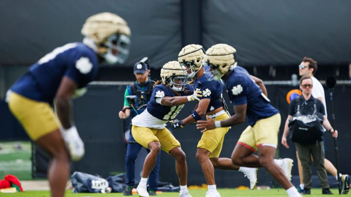 Notre Dame cornerback Chance Tucker (18) participates in a drill during a Notre Dame football practice at Irish Athletic Center on Tuesday, Aug. 6, 2024, in South Bend.
