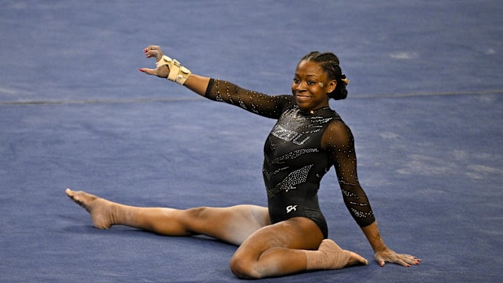 Apr 19, 2025; Fort Worth, TX, USA; Missouri Tigers gymnast Amari Celestine performs on floor exercise during the 2025 Women's National Gymnastics Championship at Dickies Arena. Mandatory Credit: Jerome Miron-Imagn Images