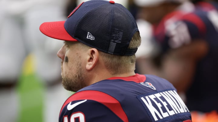 Dec 24, 2023; Houston, Texas, USA; Houston Texans quarterback Case Keenum (18) sits on the bench after he was replaced with quarterback Davis Mills (10) (not pictured) against the Cleveland Browns in the second half at NRG Stadium. Mandatory Credit: Thomas Shea-USA TODAY Sports
