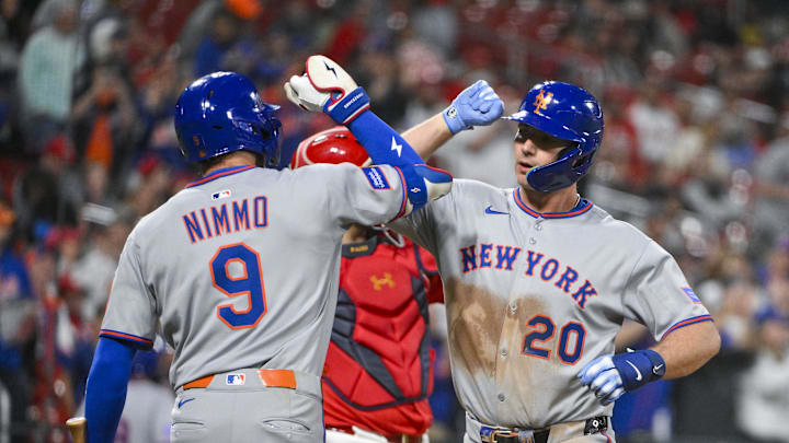 May 2, 2025; St. Louis, Missouri, USA; New York Mets first baseman Pete Alonso (20) celebrates with left fielder Brandon Nimmo (9) after hitting a two run home run against the St. Louis Cardinals during the fifth inning at Busch Stadium. Mandatory Credit: Jeff Curry-Imagn Images May 2, 2025; St. Louis, Missouri, USA; New York Mets first baseman Pete Alonso (20) celebrates with left fielder Brandon Nimmo (9) after hitting a two run home run against the St. Louis Cardinals during the fifth inning at Busch Stadium. Mandatory Credit: Jeff Curry-Imagn Images