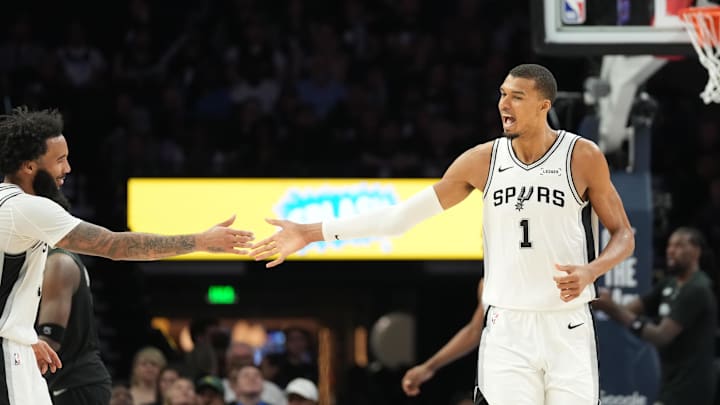 May 15, 2026; Minneapolis, Minnesota, USA; San Antonio Spurs forward Victor Wembanyama (1) celebrates with forward Julian Champagnie (30) in the second half against the Minnesota Timberwolves during game six of the second round of the 2026 NBA Playoffs at Target Center. Mandatory Credit: Jesse Johnson-Imagn Images May 15, 2026; Minneapolis, Minnesota, USA; San Antonio Spurs forward Victor Wembanyama (1) celebrates with forward Julian Champagnie (30) in the second half against the Minnesota Timberwolves during game six of the second round of the 2026 NBA Playoffs at Target Center. Mandatory Credit: Jesse Johnson-Imagn Images