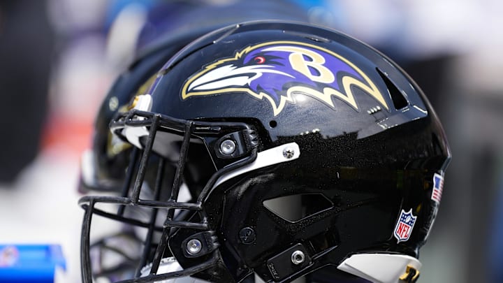 Aug 24, 2024; Green Bay, Wisconsin, USA;  General view of a Baltimore Ravens helmet prior to the game against the Green Bay Packers at Lambeau Field. Mandatory Credit: Jeff Hanisch-Imagn Images