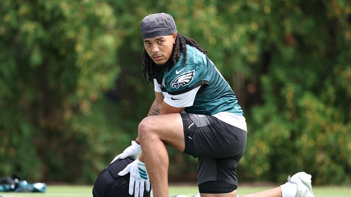 Jul 30, 2026; Philadelphia, PA, USA; Philadelphia Eagles wide receiver Makai Lemon (9) looks on during training camp at Jefferson Health Training Complex. Mandatory Credit: Bill Streicher-Imagn Images