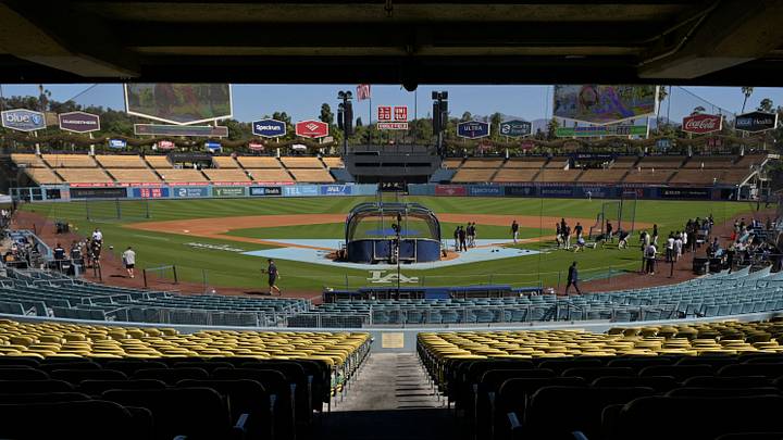 Detailed view of Uniqlo Field prior to game one of the NLDS for the 2026 MLB Playoffs at Dodger Stadium on Oct. 3, 2026.