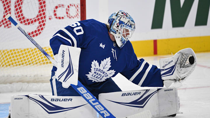 Sep 22, 2024; Toronto, Ontario, CAN;  Toronto Maple Leafs goalie Joseph Woll (60) warms up before playing the Ottawa Senators at Scotiabank Arena. Mandatory Credit: Dan Hamilton-Imagn Images