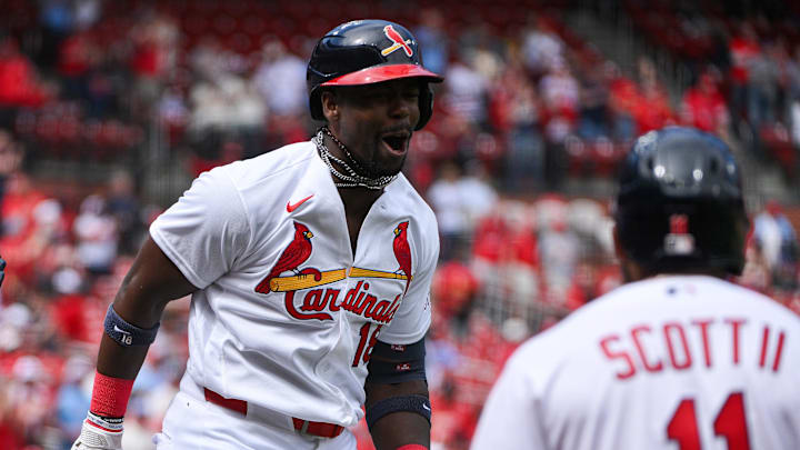 Mar 29, 2026; St. Louis, Missouri, USA; St. Louis Cardinals right fielder Jordan Walker (18) reacts after hitting a two run home run against the Tampa Bay Rays during the fourth inning at Busch Stadium. Mandatory Credit: Jeff Curry-Imagn Images