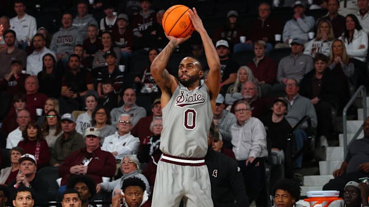 Feb 18, 2025; Starkville, Mississippi, USA; Mississippi State Bulldogs guard Claudell Harris Jr. (0) shoots during the second half against the Texas A&M Aggies at Humphrey Coliseum. Mandatory Credit: Petre Thomas-Imagn Images