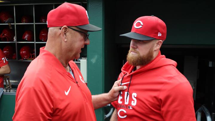 Jun 27, 2026; Pittsburgh, Pennsylvania, USA;  Cincinnati Reds manager Terry Francona (left) talks with outfielder Blake Dunn (right) in the dugout before the game against the Pittsburgh Pirates at PNC Park. Mandatory Credit: Charles LeClaire-Imagn Images