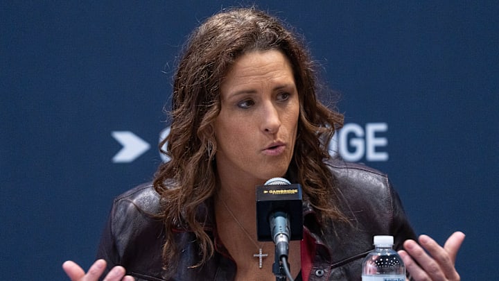 Stephanie White, new Indiana Fever head coach, speaks Monday, Nov. 4, 2024, during a press conference held on Salesforce Court at Gainbridge Fieldhouse in Indianapolis. Stephanie White, new Indiana Fever head coach, speaks Monday, Nov. 4, 2024, during a press conference held on Salesforce Court at Gainbridge Fieldhouse in Indianapolis.