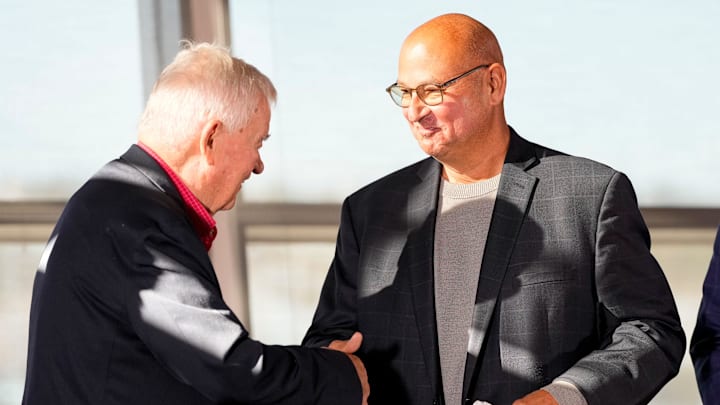 New Cincinnati Reds manager Terry Francona (right) shakes hands with team owner Bob Castellini during an event to introduce the new manager of the Cincinnati Reds at Great American Ball Park in downtown Cincinnati on Monday, Oct. 7, 2024. New Cincinnati Reds manager Terry Francona (right) shakes hands with team owner Bob Castellini during an event to introduce the new manager of the Cincinnati Reds at Great American Ball Park in downtown Cincinnati on Monday, Oct. 7, 2024.