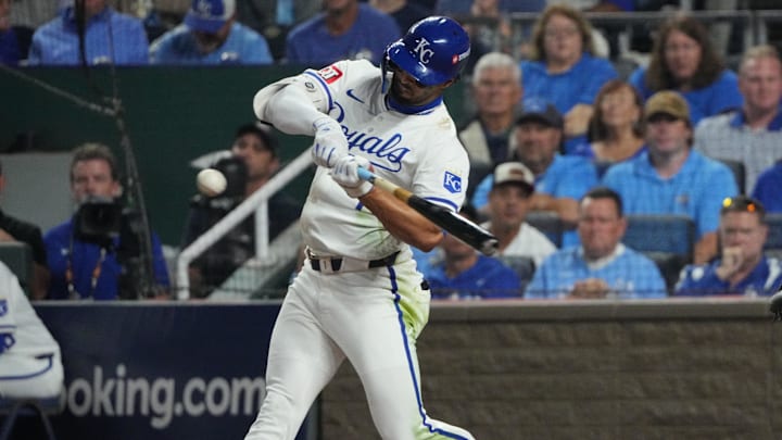 Oct 10, 2024; Kansas City, Missouri, USA; Kansas City Royals outfielder MJ Melendez (1) swings at a pitch during the fifth inning against the New York Yankees during game four of the ALDS for the 2024 MLB Playoffs at Kauffman Stadium. Mandatory Credit: Denny Medley-Imagn Images Oct 10, 2024; Kansas City, Missouri, USA; Kansas City Royals outfielder MJ Melendez (1) swings at a pitch during the fifth inning against the New York Yankees during game four of the ALDS for the 2024 MLB Playoffs at Kauffman Stadium. Mandatory Credit: Denny Medley-Imagn Images